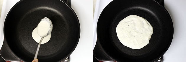 rava uttapam in a cast iron pan 
