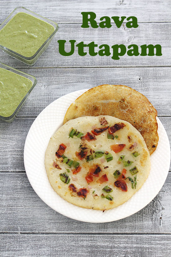 2 rava uttapam in a plate with 2 bowls of chutney in the back.
