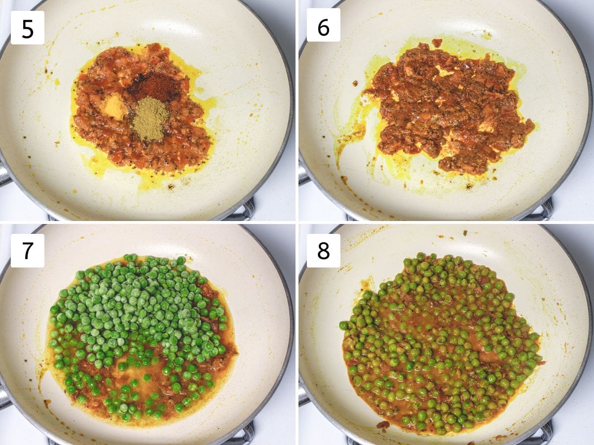 Collage of 4 images showing adding spices, cooking peas with water.
