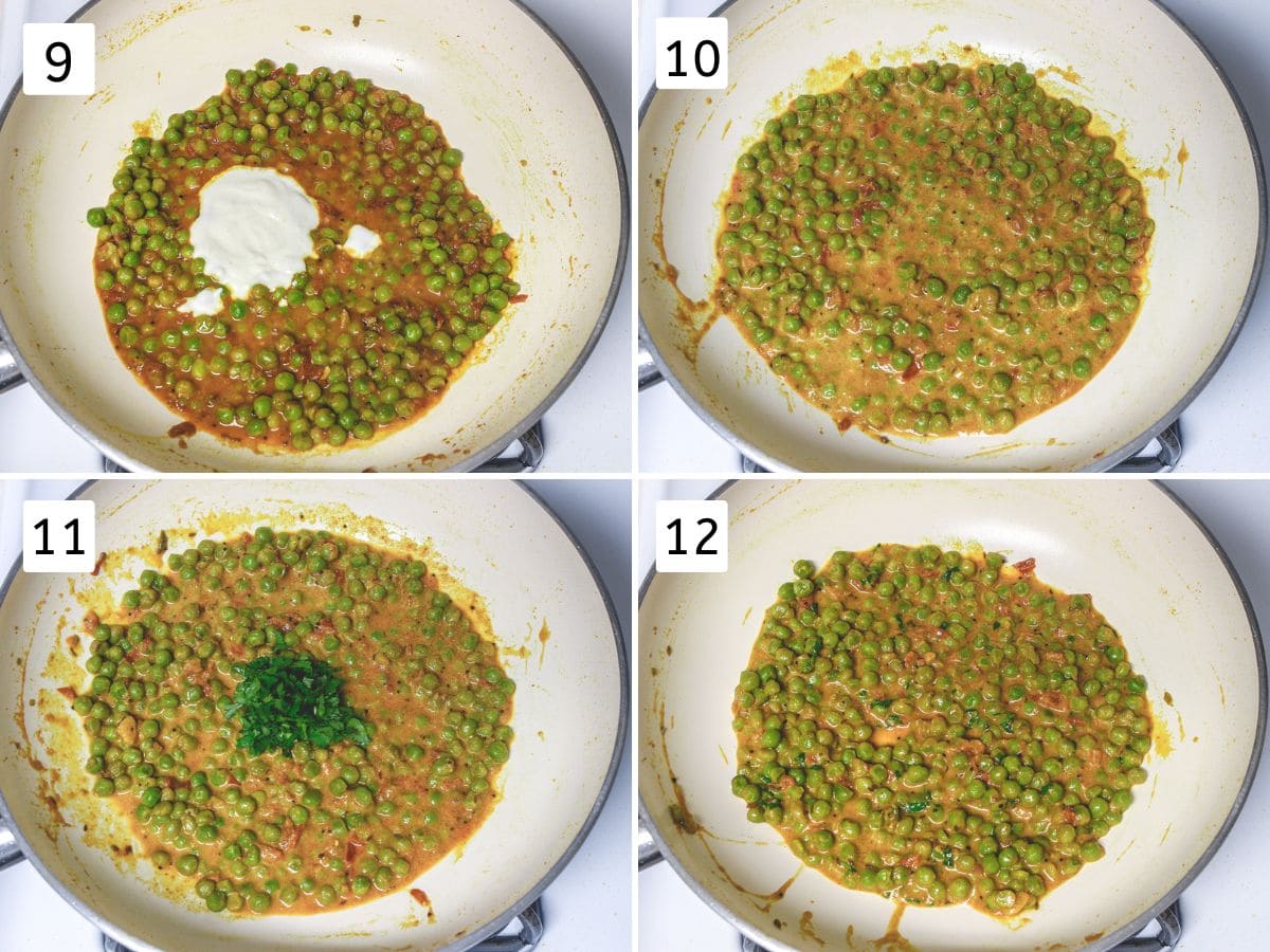 Collage of 4 images showing adding yogurt and cilantro.