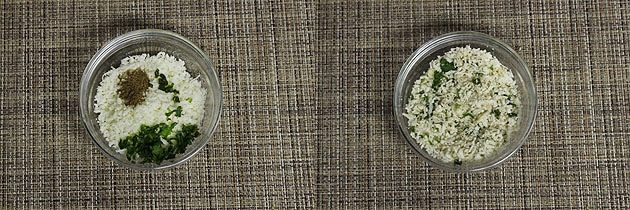 adding spices, cilantro to grated paneer