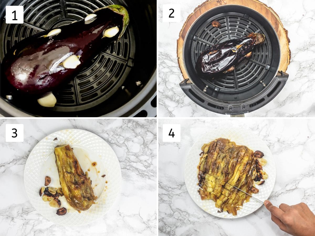 Collage of 4 images showing cooking eggplant in an air fryer, peeling and chopping.