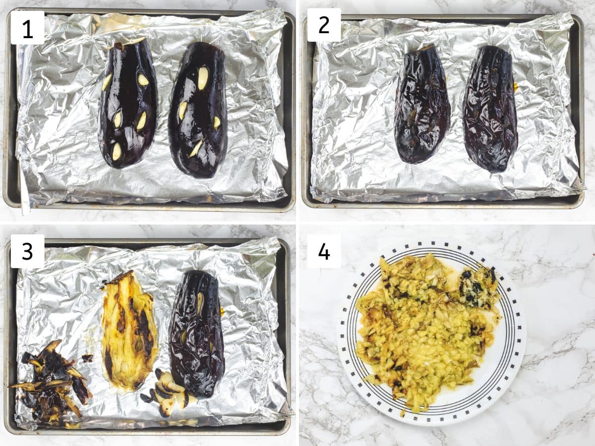 Collage of 4 images showing broiling eggplant in the oven, peeling and chopping.