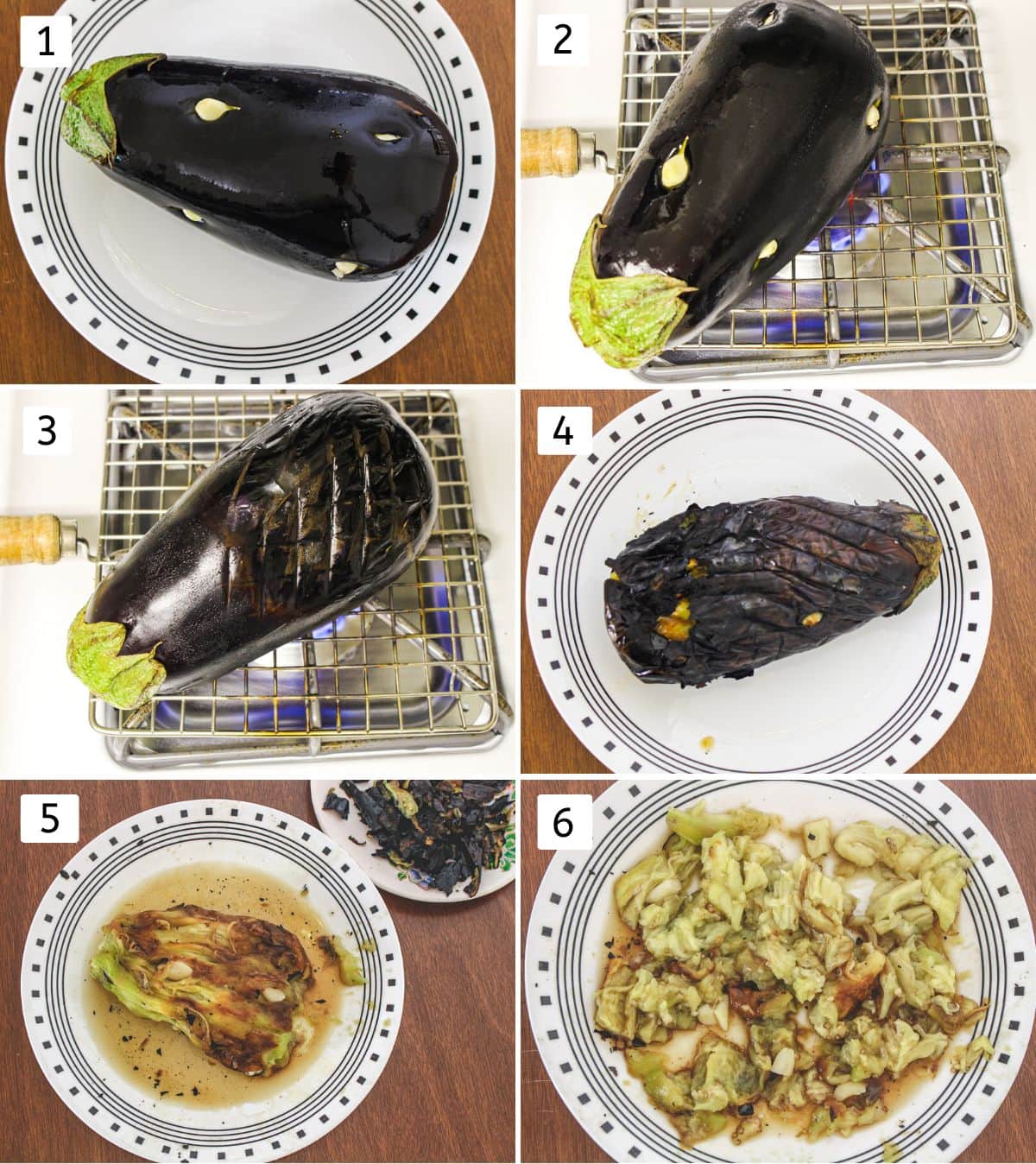 Collage of 6 images showing roasting eggplant on a stovetop, peeling and mashing.