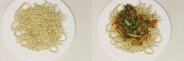 fried noodles in a plate topped with veggie sauce mixture.