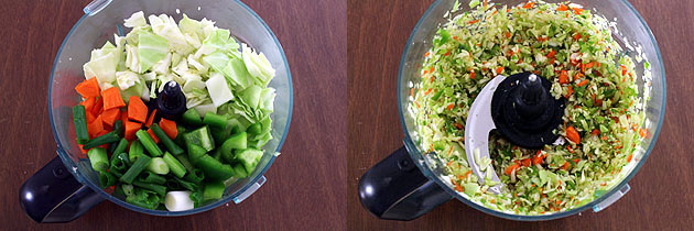 Collage of 2 images showing crushed veggies into the food processor.