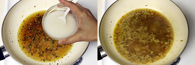 Collage of 2 images showing adding corn starch slurry and simmering gravy.