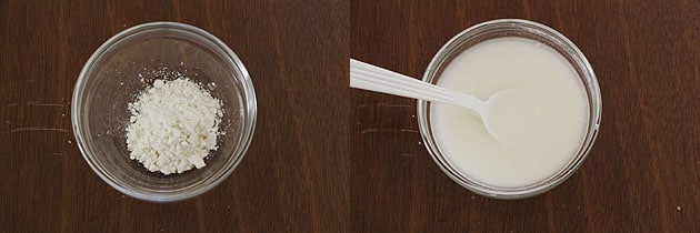 Collage of 2 images showing making corn starch slurry.