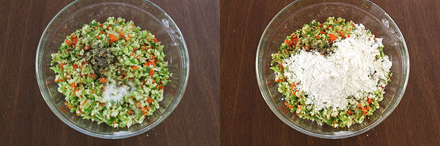 Collage of 2 images showing veggies in the bowl with flour, salt and pepper added.