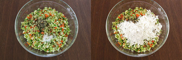 adding flour and seasoning to veggies