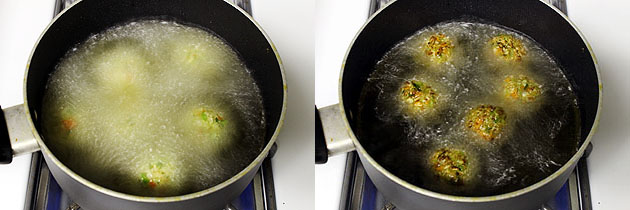 Collage of 2 images showing deep frying the balls.