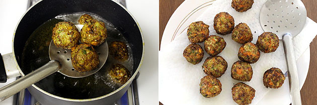 Collage of 2 images showing fried balls taking out from the oil and placing on a plate.