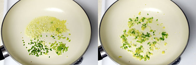 Collage of 2 images showing sauteing ginger, garlic, green chili and celery.