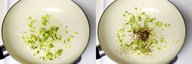 Collage of 2 images showing cooking spring onions and adding salt, pepper and chili flakes.