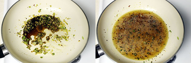 Collage of 2 images showing adding soy sauce and water.