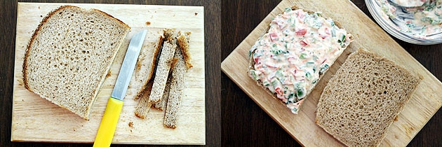 removing the edges of bread and adding veggies mixture