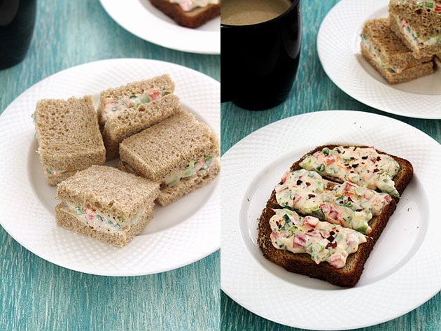 1 image with 4 pieces of raw sandwich and 2nd image with sandwich mixture on toasted bread.