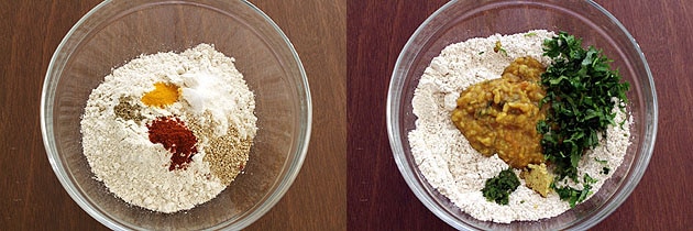 flour, spices, dal and cilantro in a bowl