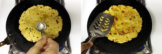 applying oil and cooking another side of paratha