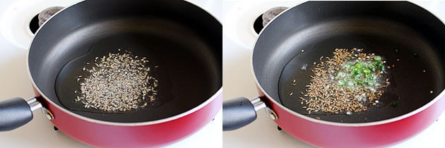 adding cumin seeds and green chilies into hot oil