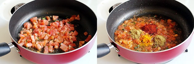 adding tomatoes and spice powders