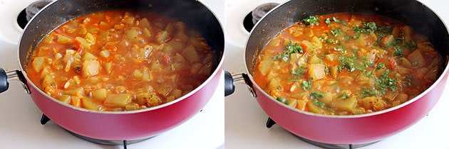 garnishing lauki tamatar sabji with cilantro