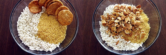 puffed rice, sev and papdi in a bowl