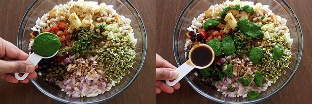 adding cilantro chutney and sweet chutney