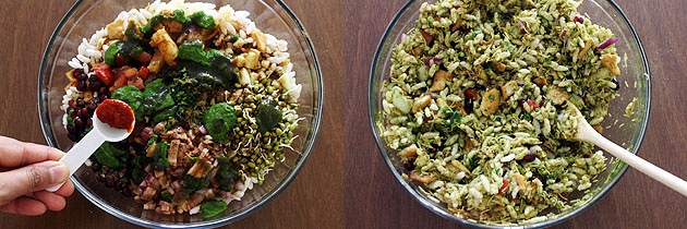 adding garlic chutney and mixing bhel puri