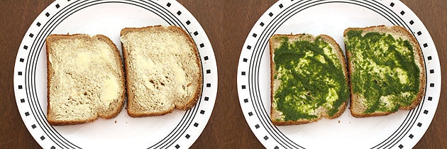 spread butter and chutney on bread slices