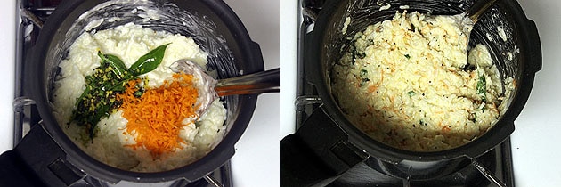 Collage of 2 images showing adding grated carrot and mixed.