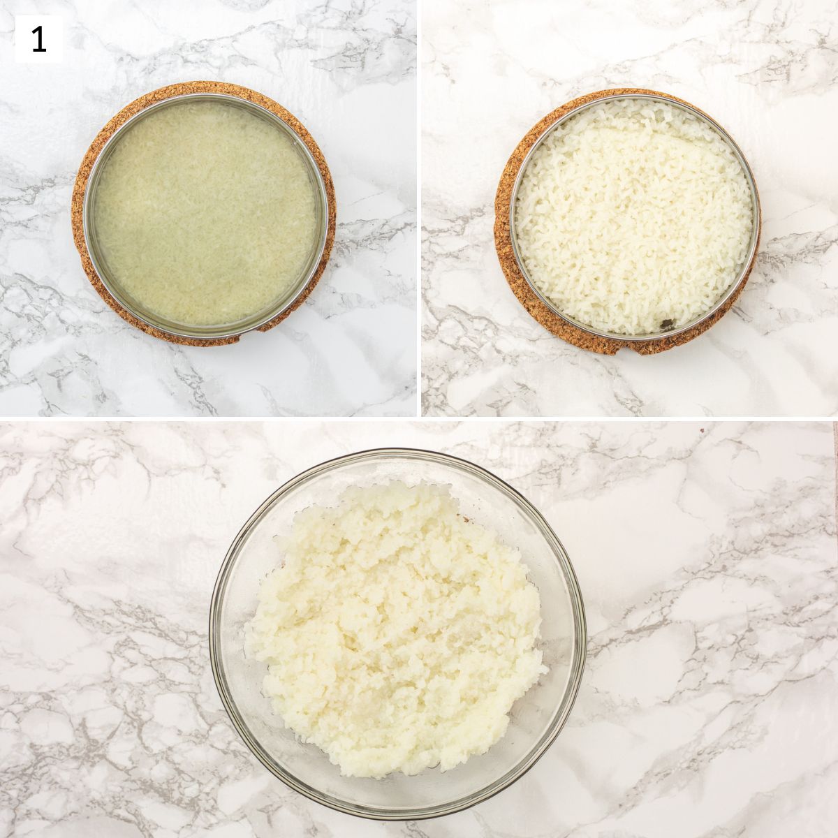 Collage of 3 images showing soaked, cooked rice and transferred to a bowl.