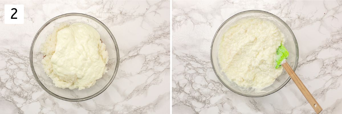 Collage of 2 images showing mixing yogurt into rice.