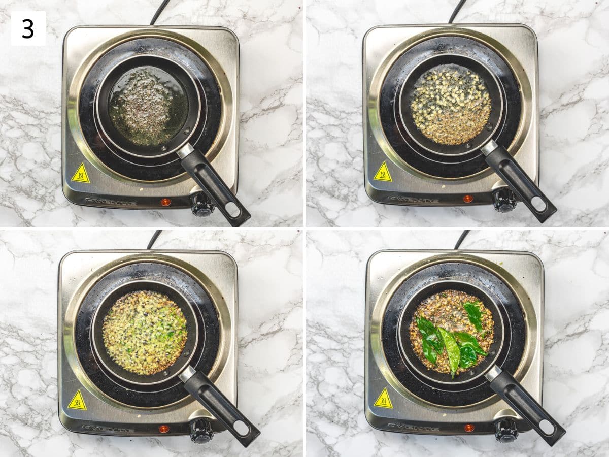 Collage of 4 images showing tempering of spices.