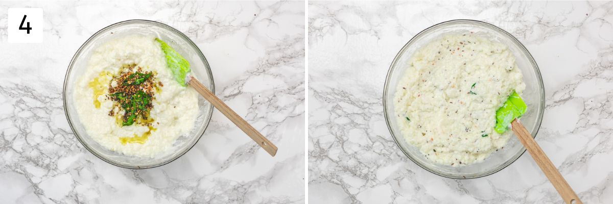Collage of 2 images showing adding tempering to the curd rice.