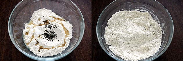 Collage of 2 images showing flour and oil in a bowl and mixed.