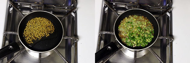 Collage of 2 images showing tempering of cumin seeds and green chilies.