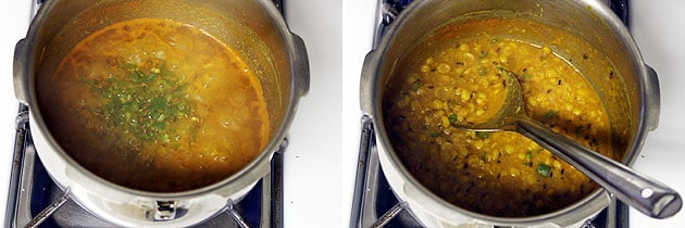 Collage of 2 images showing adding tempering in the dal and mixed.