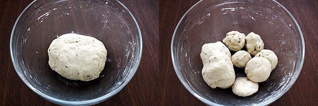 Collage of 2 images showing redy dough and divided into balls.