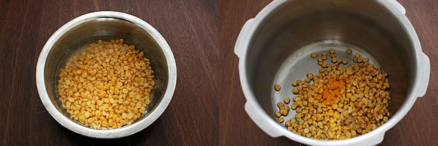 Collage of 2 images showing chana dal in a bowl and adding turmeric powder.