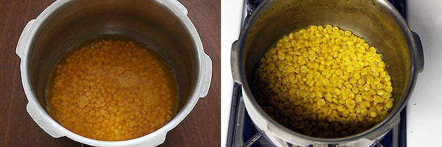 Collage of 2 images showing adding water and cooked dal.