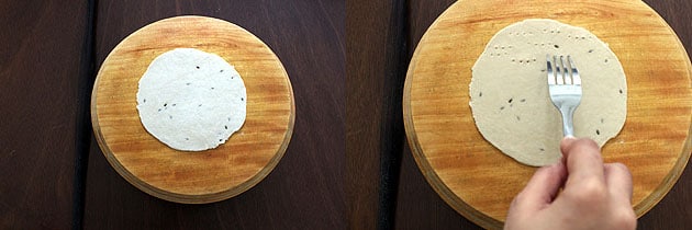 Collage of 2 images showing rolled pakwan and pricking with a fork.