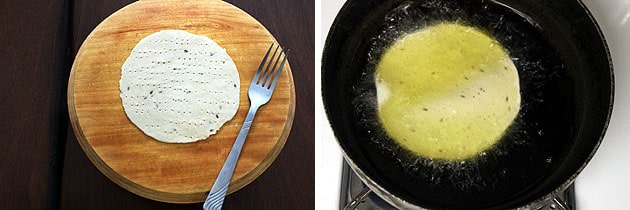 Collage of 2 images showing pricked pakwan and frying the oil.