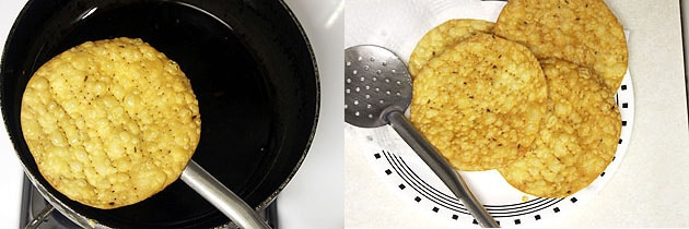 Collage of 2 images showing fried pakwan taking out from the oil and placing on a plate.