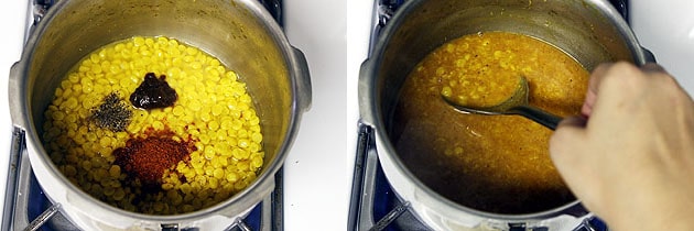 Collage of 2 images showing spices and tamarind paste and mixed.