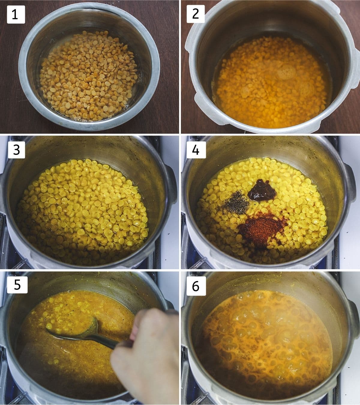 Collage of 6 images showing soaking, boiling dal, adding spices and simmering.