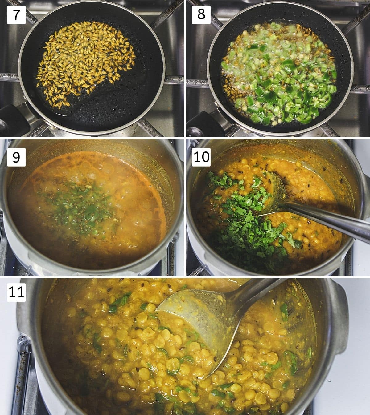 Collage of 5 images showing making tempering, adding to dal, adding cilantro.
