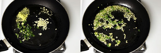 Collage of 2 images showing sauteing ginger, garlic and green chili.