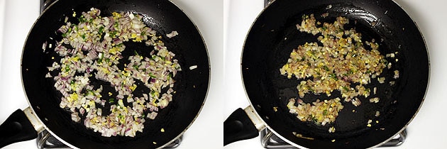 Collage of 2 images showing cooking onion.