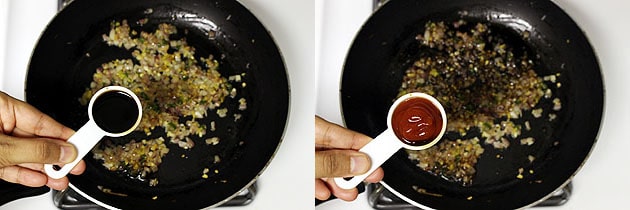 Collage of 2 images showing adding soy sauce, ketchup.